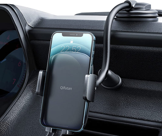 QIFUTAN Cell Phone Holder for Car Phone Mount Long Arm Dashboard Windshield Car Phone Holder Strong Suction Anti-Shake Stabilizer iPhone Car Holder Compatible with All iPhone Android Smartphone