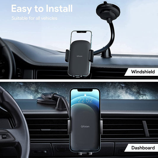 QIFUTAN Cell Phone Holder for Car Phone Mount Long Arm Dashboard Windshield Car Phone Holder Strong Suction Anti-Shake Stabilizer iPhone Car Holder Compatible with All iPhone Android Smartphone